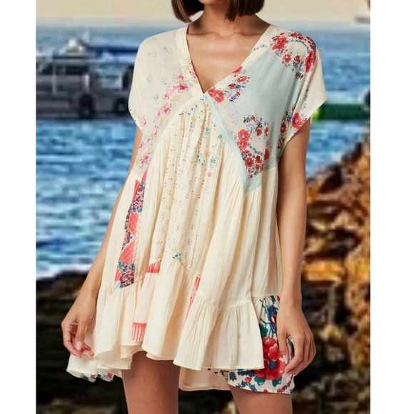 Boho Floral Print High Waisted V neck Ruffle Hem Mini Dress - Picture 1 of 6